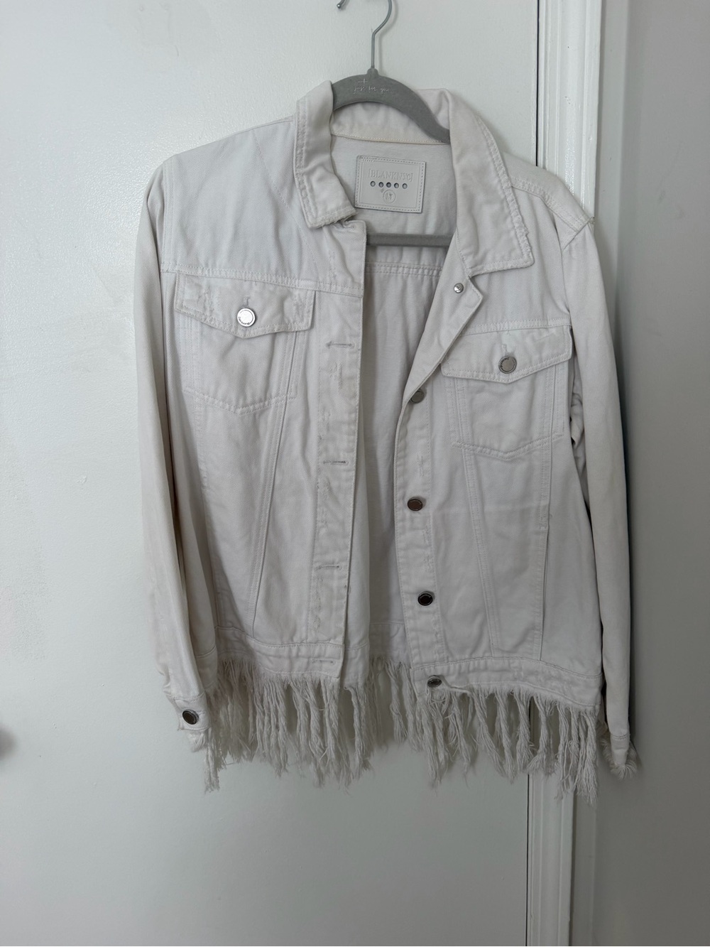 Frayed Hem Light Cream Denim Jacket - Women